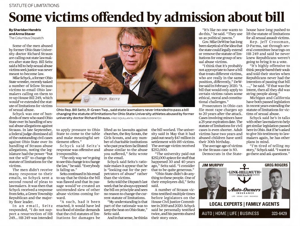 Some victims offended by admission about bill 
Springfield News-Sun
Springfield, Ohio · Monday, October 11, 2021