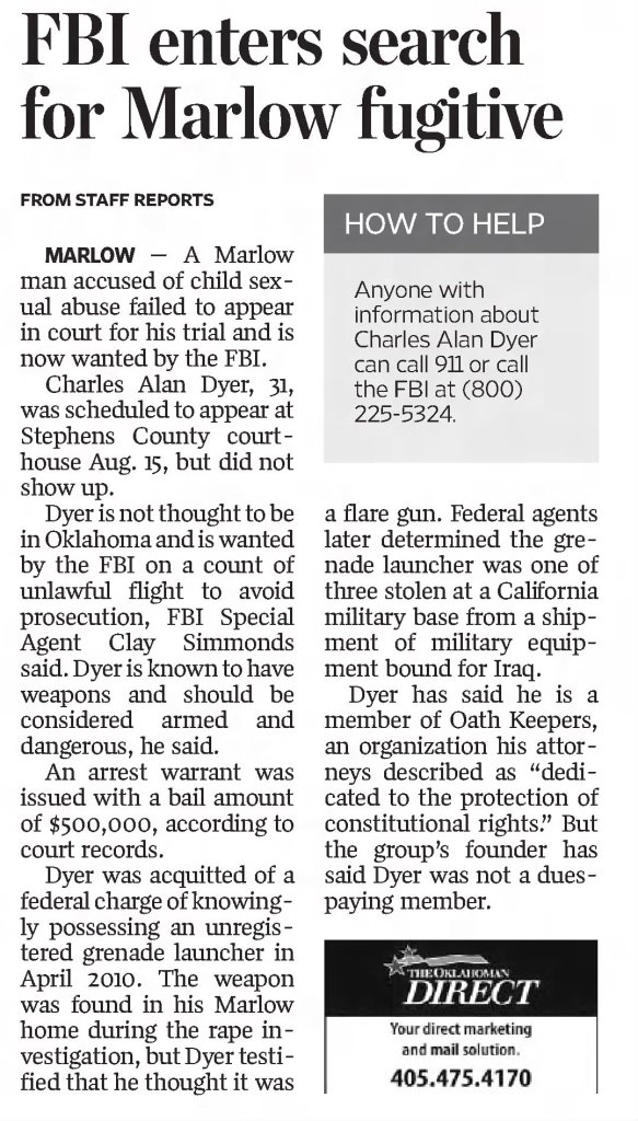 FBI enters search for Marlow fugitive 
The Daily Oklahoman
Oklahoma City, Oklahoma · Monday, August 22, 2011
