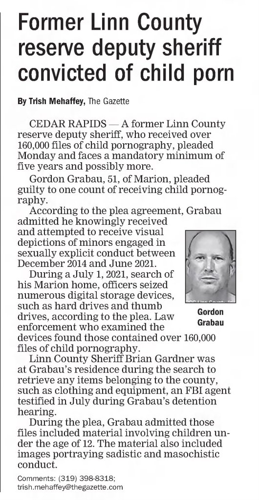 Former Linn County reserve deputy sheriff convicted of child porn
The Gazette
Cedar Rapids, Iowa · Wednesday, October 19, 2022